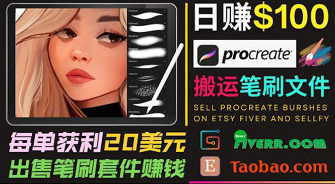 搬运出售Procreate笔刷文件赚钱，每单20美元，轻松日赚100美元-啄木鸟资源库