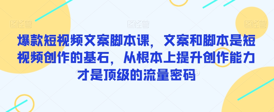 爆款短视频文案脚本课，文案和脚本是短视频创作的基石，从根本上提升创作能力才是顶级的流量密码-啄木鸟资源库