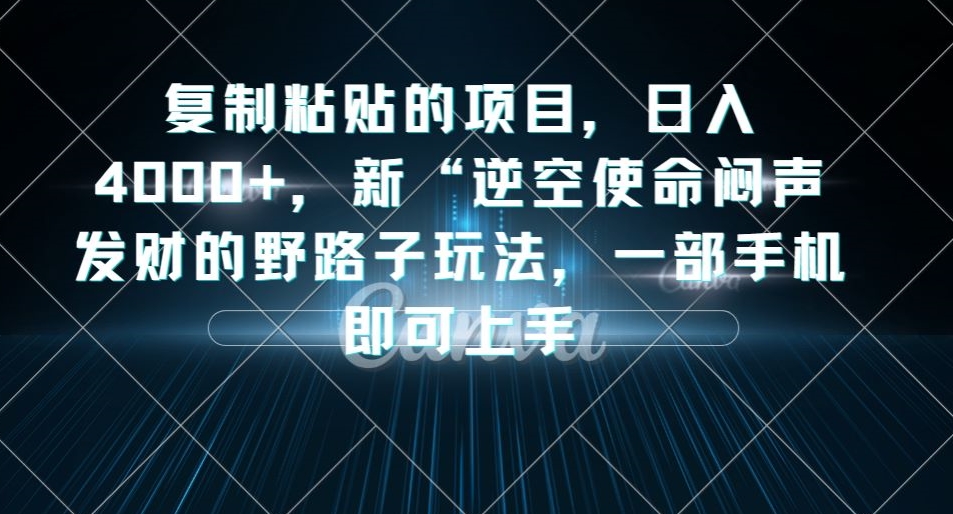 复制粘贴的项目，日入4000+，新“逆空使命“闷声发财的野路子玩法，一部手机即可上手-啄木鸟资源库