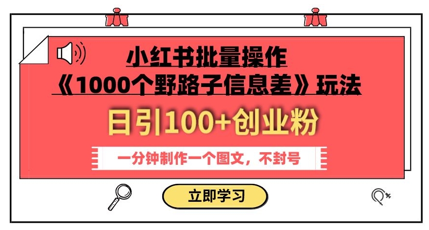 小红书批量操作《1000个野路子信息差》玩法，一分钟制作一个图文，不封号，日引100+创业粉-啄木鸟资源库