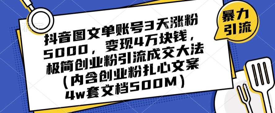 抖音图文单账号3天涨粉5000，变现4万块钱，极简创业粉引流成交大法-啄木鸟资源库