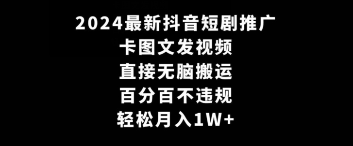 2024最新抖音短剧推广，卡图文发视频，直接无脑搬，百分百不违规，轻松月入1W+【揭秘】-啄木鸟资源库