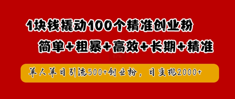 1块钱撬动100个精准创业粉，简单粗暴高效长期精准，单人单日引流500+创业粉，日变现2k【揭秘】-啄木鸟资源库