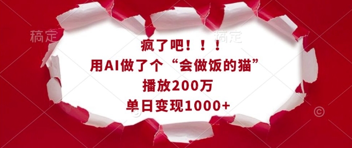 疯了吧！用AI做了个“会做饭的猫”，播放200万，单日变现1k-啄木鸟资源库